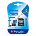 Memory card Verbatim 16GB Class 10 Premium 45mbs microSDHC (Trans Flash) Blister. 