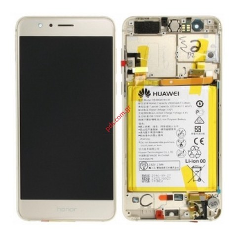 Original LCD set Gold Huawei Honor 8 Dual SIM (FRD-L19) with front cover and battery. Original LCD set Gold Huawei Honor 8 Dual SIM (FRD-L19) with front cover and battery.