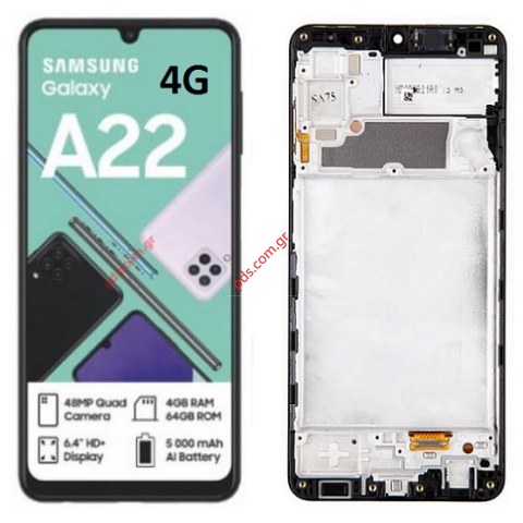 Γνήσια οθόνη σετ LCD Samsung Galaxy A22 4G LTE (SM-A225F) Display W/Frame Touch screen digitizer σε μαύρο χρώμα ORIGINAL