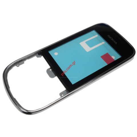 Original housing front cover Nokia Asha 202, 203 Frontcover with Touch Unit silver/chrome
