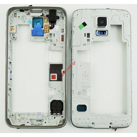 Γνήσιο μεσαίο πλαίσιο Samsung Galaxy S5 G900F White Silver (DUAL SIM) σε ασημί με λευκό χρώμα Γνήσιο μεσαίο πλαίσιο Samsung Galaxy S5 G900F White Silver (DUAL SIM) σε ασημί με λευκό χρώμα