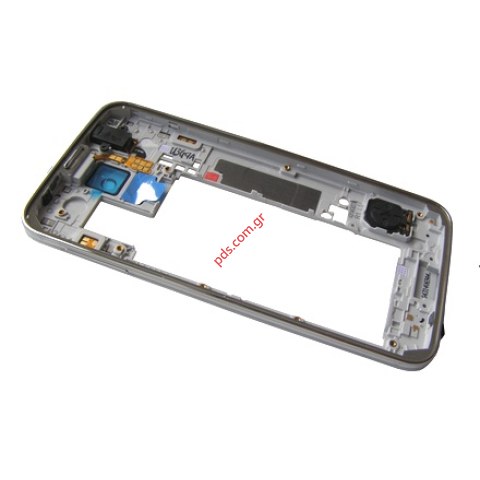 Γνήσιο μεσαίο πλαίσιο Samsung Galaxy S5 G900F White Silver σε ασημί με λευκό χρώμα
