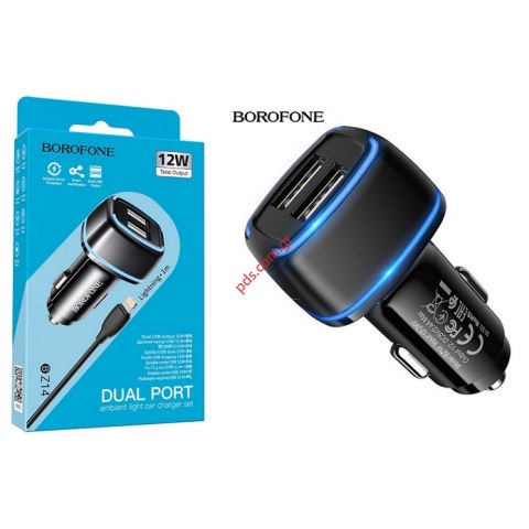 Φορτιστής αυτοκινήτου Borofone BZ14 Max 12W Black Dual USB 5V 2.4A σε μαύρο με LED Box
