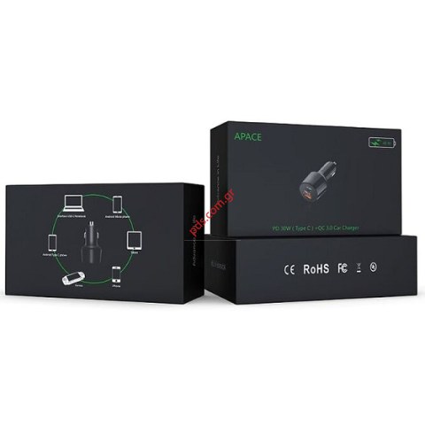 Φορτιστής αυτοκινήτου fast Charge T-Phox Apace 48W USB 2 port (PD30W+QC3.0 18W) Black Box