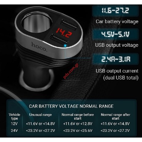 Φορτιστής αυτοκινήτου HOCO Z26 DUAL USB 5V/2.1AX2 Black με ενδεικτικό LED σε μαύρο χρώμα BOX