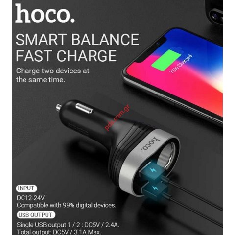 Φορτιστής αυτοκινήτου HOCO Z29 Regal με διπλή έξοδο USB 3.1A και ψηφιακή οθόνη LED για τάση μπαταρίας σε μαύρο χρώμα BOX