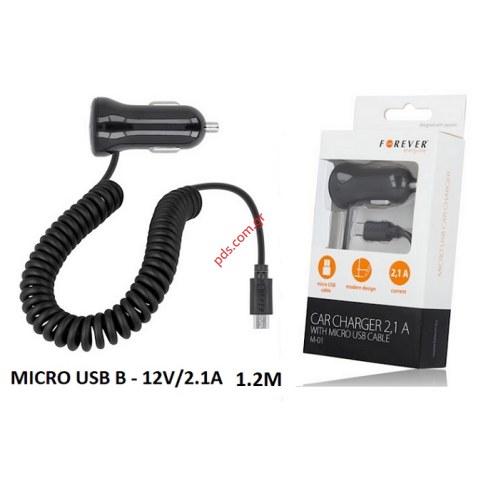 Φορτιστής αυτοκινήτου USB Forever M-01 12V 2.1A Black με σπυράλ καλώδιο BOX