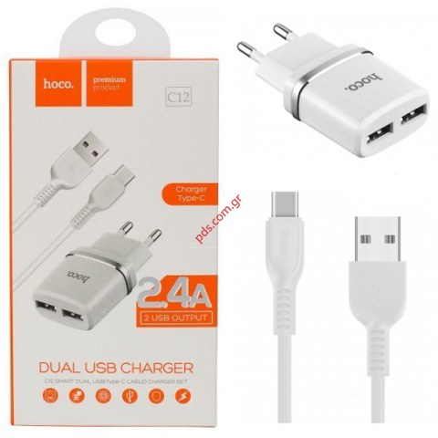 Διπλός φορτιστής 220V White Hoco C12 220V/2.4A Type-C με ξεχωριστό καλώδιο cable (2 pcs) σε λευκό χρώμα