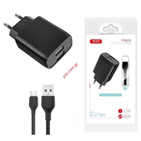 Φορτιστής διπλός set  XO L57EU Microusb Dual USB port σε μαύρο χρώμα με καλώδιο 1M 2.4A