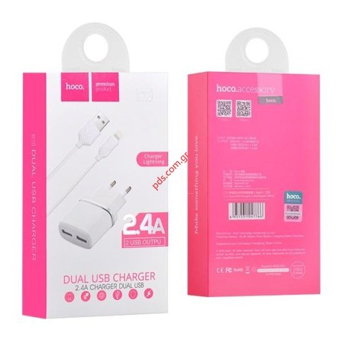 Φορτιστής διπλός σπιτιού Hoco C12 Lightning 220V/2.4A White με ξεχωριστό καλώδιο cable (2 pcs) Φορτιστής διπλός σπιτιού Hoco C12 Lightning 220V/2.4A White με ξεχωριστό καλώδιο cable (2 pcs)