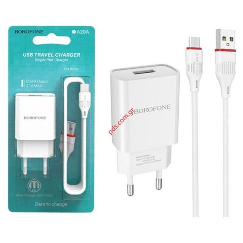 Φορτιστής σετ Borofone BA20A 2.1A Microusb Type B white Plug cable σε λευκό χρώμα Blister Φορτιστής σετ Borofone BA20A 2.1A Microusb Type B white Plug cable σε λευκό χρώμα Blister