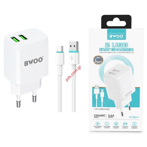 Φορτιστής σετ WBOO CDA60C 2.4A 2XUSB A cable 1 TYPE-C 1M White Box