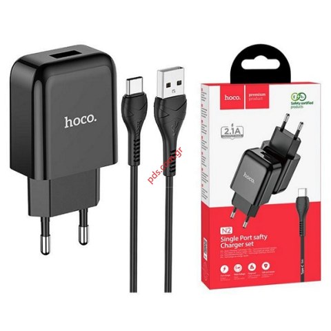 Φορτιστής σπιτιού HOCO N2 set 2.1A 1x USB plug & Type-C cable Black σε μαύρο χρώμα BOX