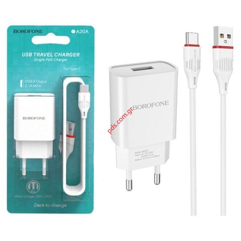 Φορτιστής σπιτιού σετ Borofone BA20A 2.1A TYPE-C white Plug cable σε λευκό χρώμα Blister Φορτιστής σπιτιού σετ Borofone BA20A 2.1A TYPE-C white Plug cable σε λευκό χρώμα Blister