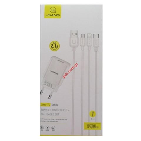 Φορτιστής Usams CC075 Land TU 2A σετ με καλώδιο 3 σε 1 Type-C+MicroUSB+Lightning 1.2cm σε λευκό χρώμα 