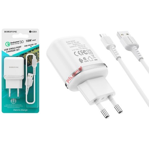 Σετ φορτιστή Borofone BA36A MICROUSB White Fast charge 2A 18W 1xUSB 3.0 cable σε λευκό χρώμα Blister Σετ φορτιστή Borofone BA36A MICROUSB White Fast charge 2A 18W 1xUSB 3.0 cable σε λευκό χρώμα Blister