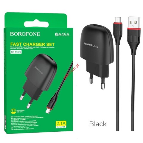 Σετ φορτιστή Borofone BA49A MicroUSB B Black 1xUSB 2,1A σε μαύρο χρώμα με καλώδιο w/cable Blister  Σετ φορτιστή Borofone BA49A MicroUSB B Black 1xUSB 2,1A σε μαύρο χρώμα με καλώδιο w/cable Blister