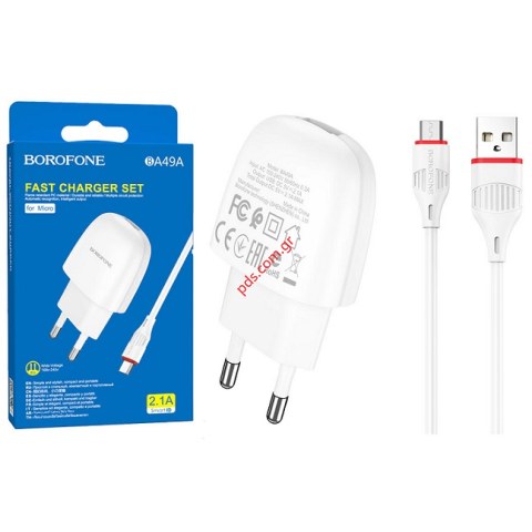 Σετ φορτιστή Borofone BA49A MicroUSB B White 1xUSB 2,1A σε λευκό χρώμα με καλώδιο w/cable Blister  Σετ φορτιστή Borofone BA49A MicroUSB B White 1xUSB 2,1A σε λευκό χρώμα με καλώδιο w/cable Blister