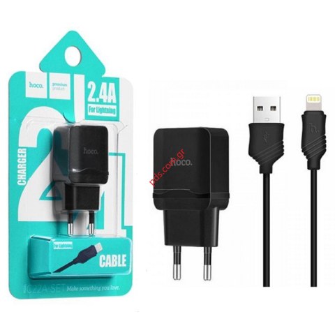 Συμβατός φορτιστής set σπιτιού Hoco C22A Black 2.4A 220V Lightning με ξεχωριστό καλώδιο cable (2 pcs) BLISTER