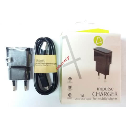 Συμβατός ταχυφορτιστής σπιτιού 220V/1A MicroUSB με ξεχωριστό καλώδιο cable σε μαύρο χρώμα Συμβατός ταχυφορτιστής σπιτιού 220V/1A MicroUSB με ξεχωριστό καλώδιο cable σε μαύρο χρώμα