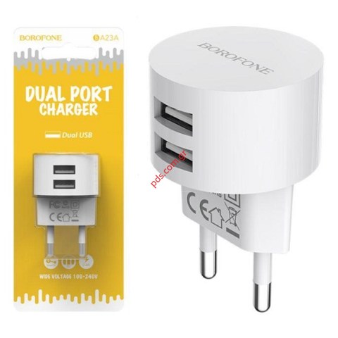 Διπλός Φορτιστής BOROFONE BA23A White 2 USB Ports σε λευκό Blister