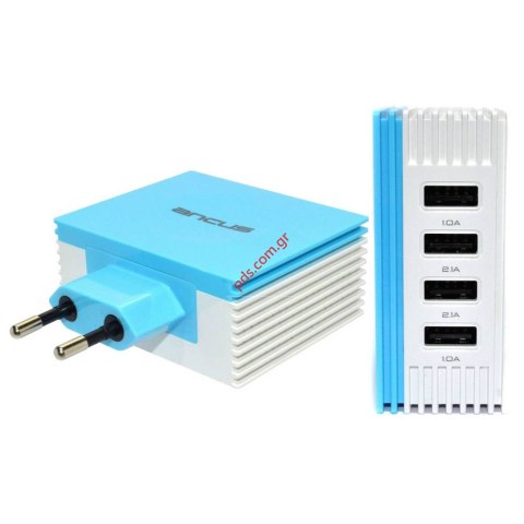 Φορτιστής Ταξιδίου Ancus Multi Charger 4 Usb 4.2A Λευκό Μπλέ με 4 θέσεις χωριστά 