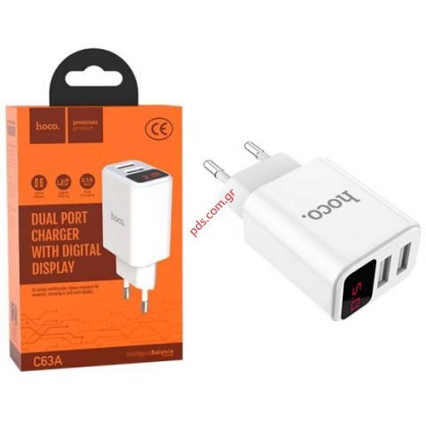 Φορτιστής Ταξιδίου Hoco C63A Fast Charging 2XUSB 5V/2.1A White Display LED Enchanting σε λευκό χρώμα BOX