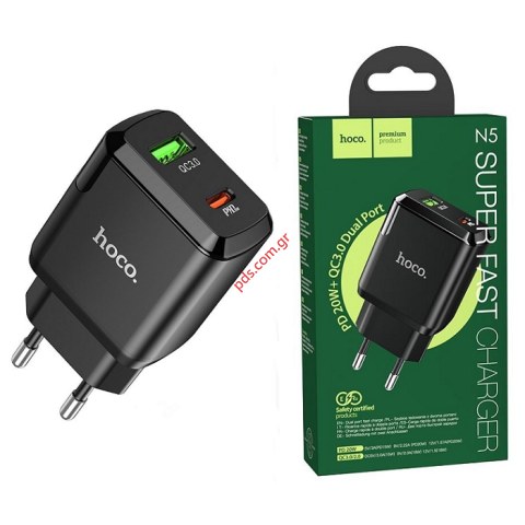 Φορτιστής Ταξιδίου Hoco N5 Favor Black με 2 Εξόδους Φόρτισης USB Quick Charge 18W και USB-C PD 20W 5V 3.0A Μαύρος Box