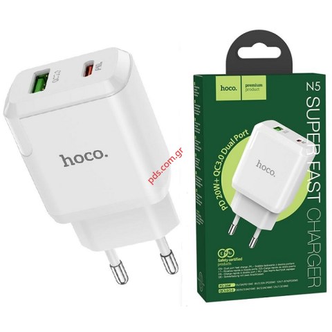 Φορτιστής Ταξιδίου Hoco N5 Favor White με 2 Εξόδους Φόρτισης USB Quick Charge 18W και USB-C PD 20W 5V 3.0A Μαύρος Box