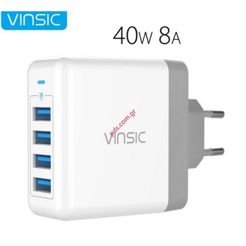 Φορτιστής ταξιδιού Vinsic 4 Ports Smart USB White (EU Blister)