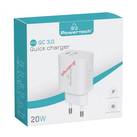 Φορτιστής τοίχου Powertech PT-1040, USB & USB-C, PD QC3.0, 20W, White λευκός Box