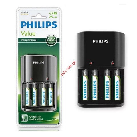 Φορτιστής μπαταριών πρίζας PHILIPS SCB1450NB τύπου AA & AΑΑ περιλαμβάνονται 4 τεμαχια AAA, 220V μαύρος Blister