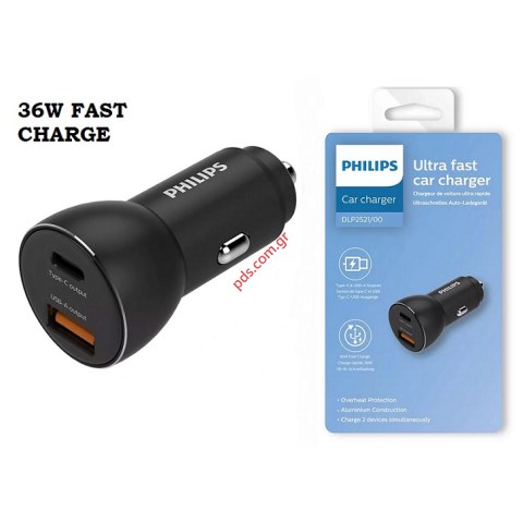Φορτιστής αυτοκινήτου Philips 36W (DLP2521-00) USB 1 & Type-C Black Box