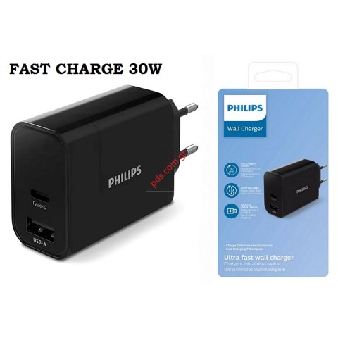 Φορτιστής σπιτιού Philips Fast charger 30W (DLP2621-12) USB & Type-C Black σε μαύρο χρώμα Box