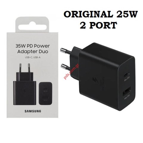 Γνήσιος φορτιστής σπιτιού Samsung EP-TA220NBE 25W Fast Power Adapter charger 2 ports Black σε μαύρο χρώμα (SUPER FAST CHARGER / ADAPTOR) BOX ORIGINAL