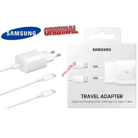 Γνήσιος φορτιστής σπιτιού Samsung EP-TA800EWE 25W 9V/3A White set σε λευκό χρώμα (FAST CHARGE) BLISTER