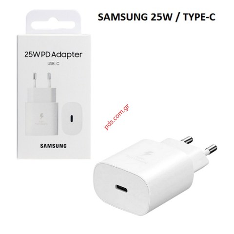 Γνήσιος φορτιστής σπιτιού Samsung EP-TA800NWEGEU 25W USB-C PD 5V 9V/3A 2.77A White σε λευκό χρώμα (SUPER FAST CHARGER / ADAPTOR) BOX ORIGINAL