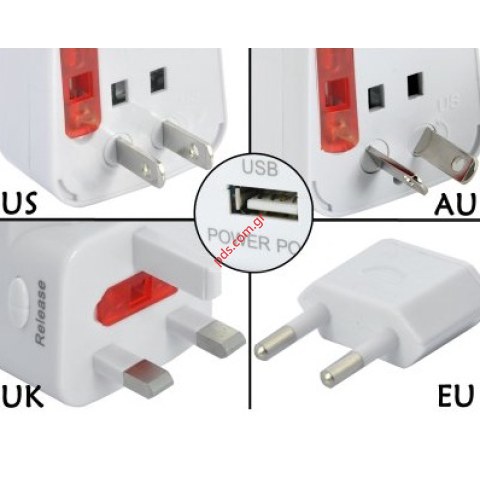 Γενικός αντάπτορας με USB θύρα με 4 τύπους πρίζας και ασφάλεια για προστασία των συσκευών
