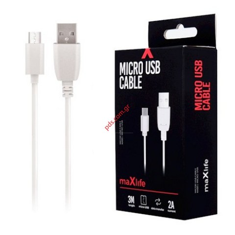 Καλώδιο USB MAXLIFE 2A MICROUSB 3M White σε λευκό χρώμα BLISTER