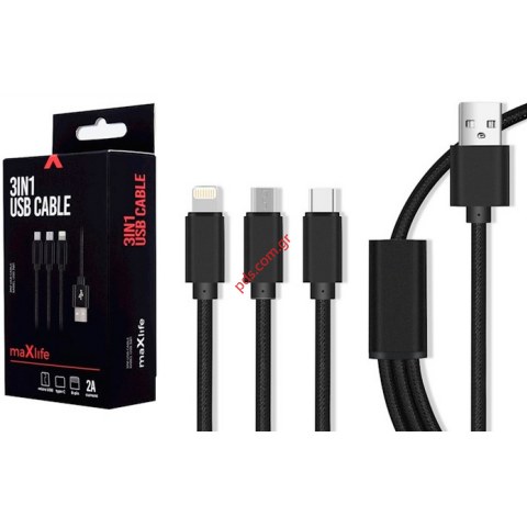 Καλώδιο Maxlife σετ 3 σε 1 Type-C+MicroUSB+Lightning 2A σε μαύρο χρώμα 