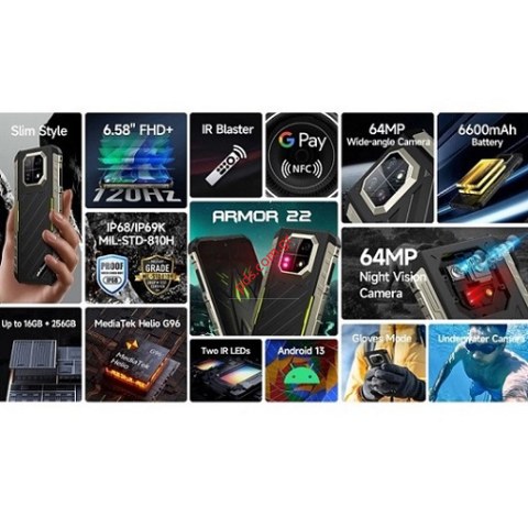 Κινητό τηλέφωνο Smartphone Ulefone 22, 6.58 inch 8GB, 128GB, Lion 6600mAh, Black μαύρο χρώμα IP68/69 Box