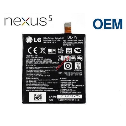Battery (OEM) LG BL-T9 Nexus 5 D821 Li-Polymer 2300mah Bulk. Battery (OEM) LG BL-T9 Nexus 5 D821 Li-Polymer 2300mah Bulk.