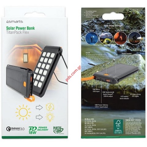 Φορητή μπαταρία Power Bank 4Smarts Solar 10000mAH PD 18W με φακό Flash Light και στήριγμα stand Black