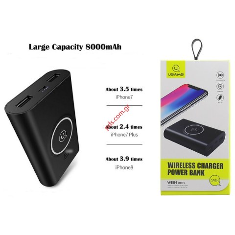Φορητός φορτιστής μπαταρίας USAMS US-CD31 Lion 8000mah Black με ασύρματη φόρτιση wireless charger Qi σε μαύρο χρώμα box