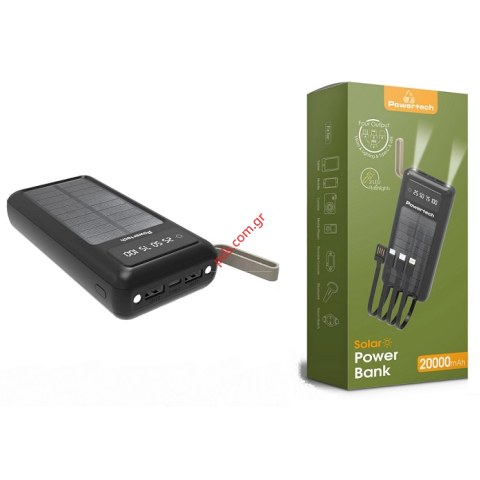 Ηλιακό power bank Powertech PT-1084 20.000mAh Black με καλώδια & οθόνη μαύρο usb-a/usb-c Box