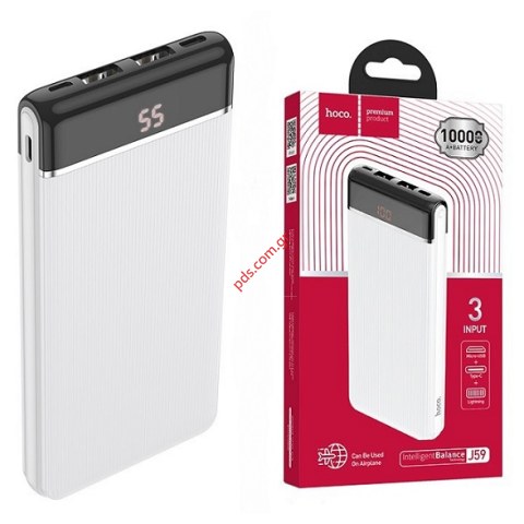 Power Bank Hoco J59A Famous 10000mAh USB USB-C LED White Οθόνη Ένδειξης Μπαταρίας Λευκό Box