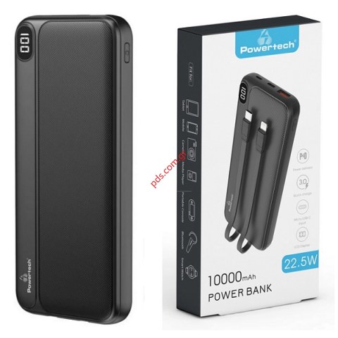 Power bank Powertech PT-1063 10.000mAh Black με καλώδια & οθόνη μαύρο usb-a/usb-c Box