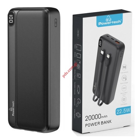 Powerbank Powertech PT-1064 Lion 20000mAh, 22.5W, με καλώδια και οθόνη μαύρο Box