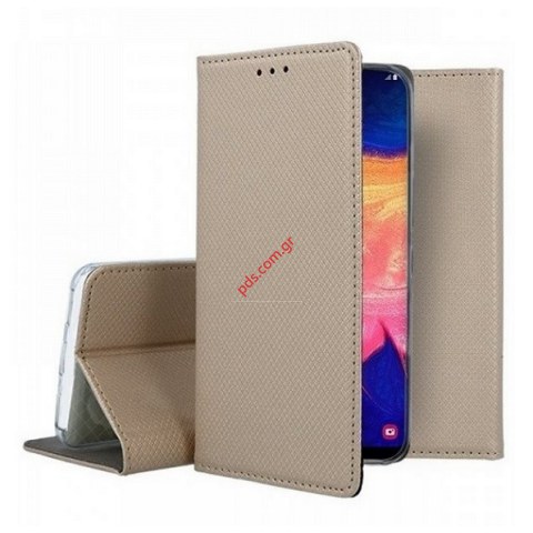 Θήκη τύπου βιβλίου Huawei P30 Lite Gold Flip Book stand Wallet Diary Black σε χρυσό χρώμα