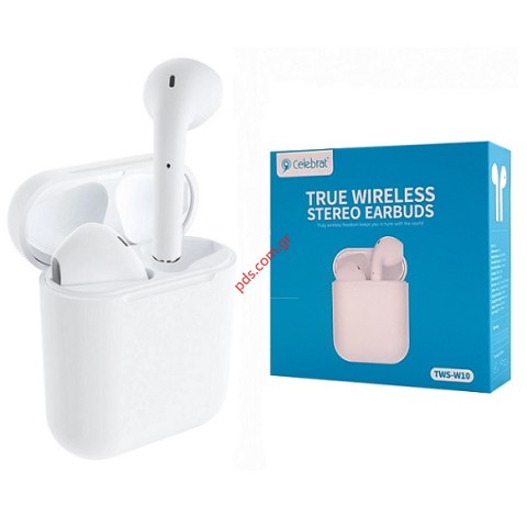 Ασύρματα ακουστικά Bluetooth CELEBRAT W10 TWS μπαταρίες 30/300mAh, Type-C με θήκη φόρτισης λευκά white box